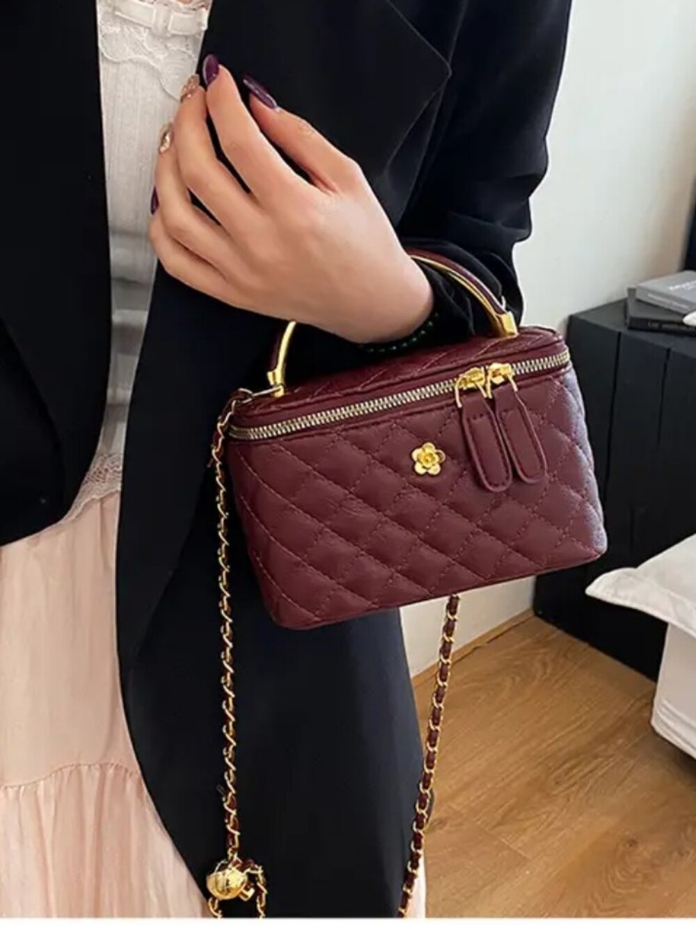 Quilted Top-Handle Crossbody Bag in Burgundy